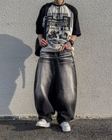 Sand Washing Wide Balloon Denim Pants