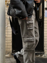 Grey washed multi cargo pants