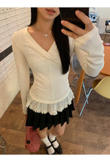ツイステッドVネックフリルロングスリーブTシャツ