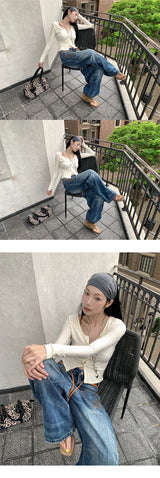 Pocket Embroidery Straight Long Denim Pants