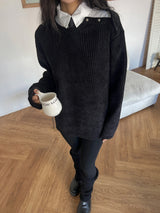 [UNISEX] Overfit velor off shoulder double snap button long sleeve knit T (4 colors)