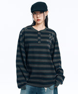 Pigment Stripe Henley Neck Long Sleeve - Grey