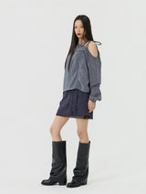 One-shoulder Blanc Ribbon Shirring Detail Top, Charcoal