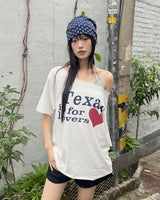 ウェットオーバーサイズフィット オフショルダープリント半袖Tシャツ