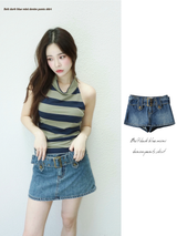 Belt dark blue mini denim pants skirt