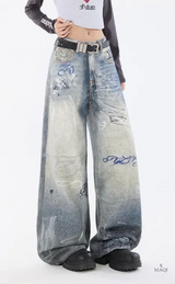 Hand-Painted Distressed High-Waisted Wide-Leg Jeans