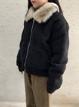 Sanpori Quilted Boucle Fur Collar Short Jacket