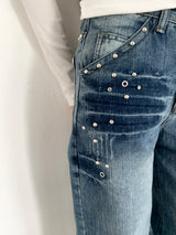 Rivet eyelet punching washed wide denim pants (Denim)