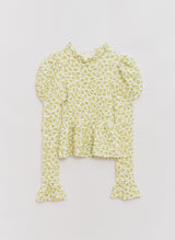 Flower Pattern Crease Ruffle Blouse Yellow