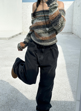 SNOWFLAKE COLOR-BLOCK BROWN OFF-SHOULDER LONG-SLEEVE KNIT