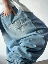 KOREAN / KEYRING / STRING 🩵 FRONT SLIT BALLOON JOGGER DENIM WIDE LONG PANTS 🩵🖤 - 2 COLORS