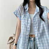 Retro Mood Sleeve Roll-Up Checkered Shirt Blouse