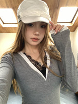 Lace Layered Long Sleeve V-Neck T-Shirt
