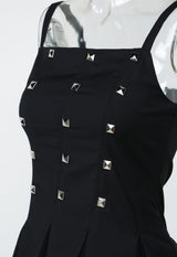  STUDDED GODET DRESS (BLACK)