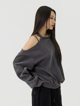 カットアウトホルターネックスウェットロングTシャツ, チャコール