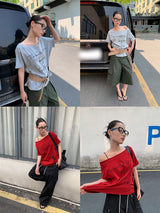 Lettering one-shoulder off-shoulder overfit short-sleeved T-shirt