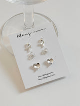 [3 set] flower heart earring set / simple, lovely, pointy, daily, spring, summer flower