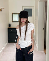Meow Summer draping shrring Boat neck Top