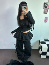FLEECE PICKABLE❤RIBBON CANCAN BOOTSCUT WIDE 2 STYTLE PANTS🖤🩶🤎💛5COLOR