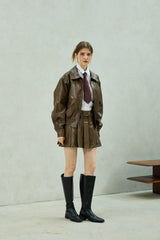 MOLLY LEATHER PLEATS SKIRT PANTS / BROWN