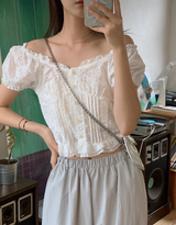 #Flower Embroidery Crop Short Sleeve Blouse (2color)