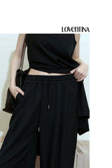 [SET-UP] DEEP SLIT DRESS, EASY BANDING SLACKS SET_NAVY
