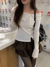 カシエボタンオフショルダーアンバランスリボンニット