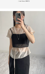 [Strap SET] Draped Shirred See-through Short Sleeve Blouse