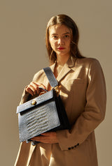 LAZEL CROC flap tote leather bag / Wani Navy