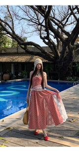 Red cherry checkered lace sleeveless long dress