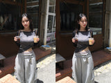 シースルー スリム オフショルダー ラグラン Tシャツ (3色)