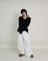 ラバーVネックダメージカットポイント長袖ニット (wool material)