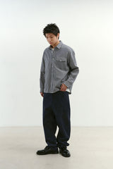 ナチュラルハイウェストバギーフィットデニムパンツ (Navy)
