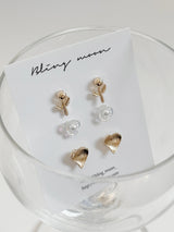 [3 set] flower heart earring set / simple, lovely, pointy, daily, spring, summer flower
