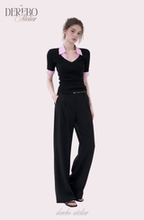 Pink black steady collar V top