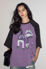レトロウォッシュモザイクフィギュアラグラン半袖サマーTシャツ