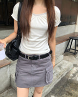 [ORIGINAL] モリ Vネック シャーリング パフスリーブ Tシャツ