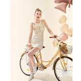 [GirlyFancyClub] Elegant Girl Bowknot Short Skirt Milk Apricot Slim Fit Cold Shoulder Embroidered Lace Dress