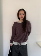 カラン オフショルダー ストラップ ストライプ ロングスリーブ Tシャツ