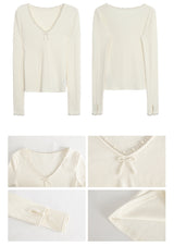 Pearl Bow V-neck V-neck V-neck Long Sleeve T-shirt