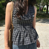 Lower Smoke Banding Hem Frill Check Halter Neck Sleeveless Blouse 2 Colors
