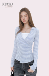 グレー Vストライプ ラップ ロングスリーブ Tシャツ
