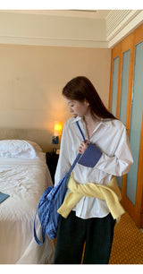 checkered cuff loose fit white shirt