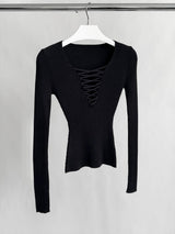 Black Strap Point Long-Sleeved Slim T-Shirt