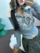FUR🤎🧸CROPPED HALF PRINTING JUMPER ZIP UP🩶🖤2COLOR