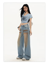 Light blue gradient blush washed straight leg floor-length jeans