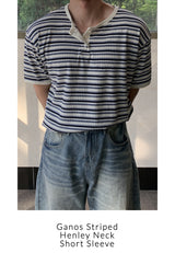 ガノス ストライプ ヘンリーネック ショートスリーブ Tシャツ