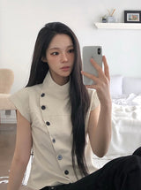 Newji Diagonal Button High-Neck Blouse Shirt