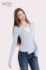 グレー Vストライプ ラップ ロングスリーブ Tシャツ