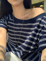 [MADE] Spool Stripe Unbalanced Off-Shoulder T-Shirt